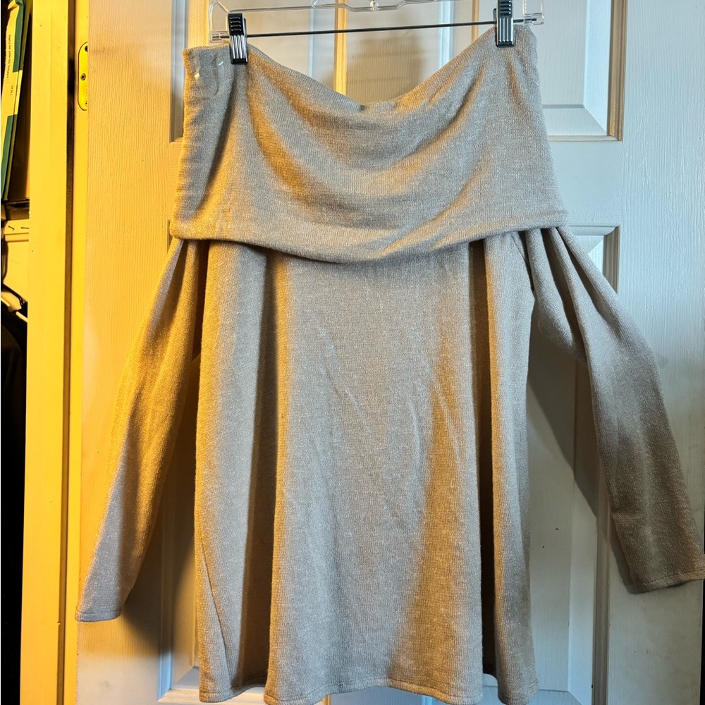 Off-Shoulder Beige Glitter Sweater Top